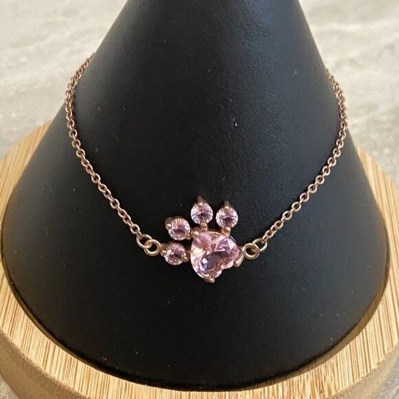 Sterling Silver Rose Gold Pink CZ Dog Animal Heart Paw Print Bracelet - Picture 3 of 5
